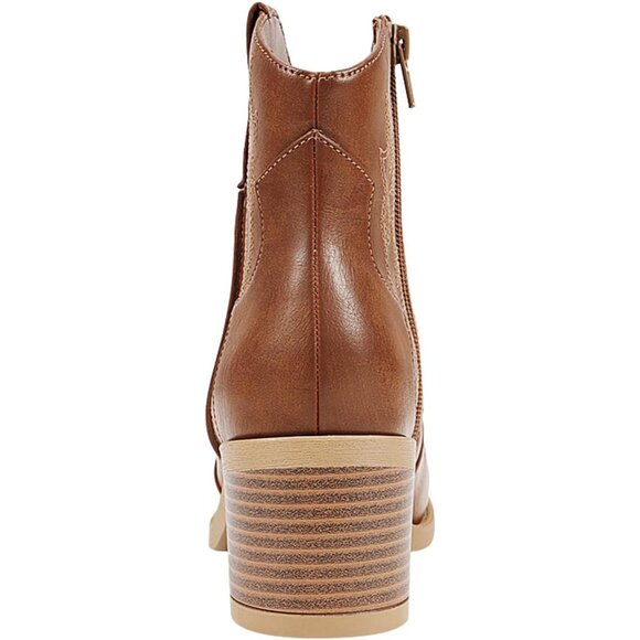 Women Polyurethane Dark Brown Embroidered Round Toe Short Ankle Chunky Heel Boot - Picture 3 of 5